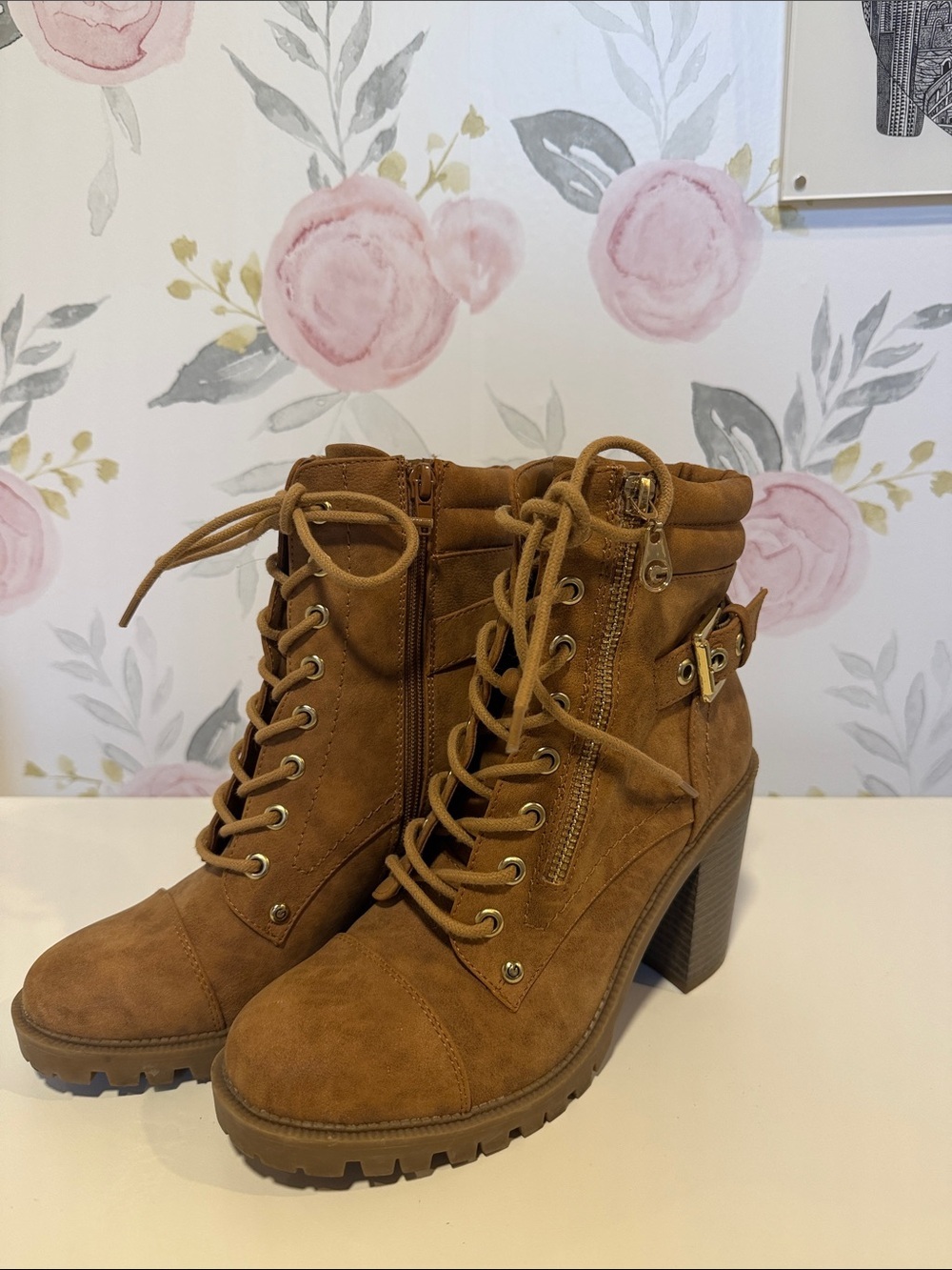 G by Guess Cognac Lace-Up Block Heel Ankle Boots